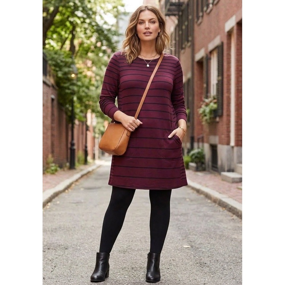 J. Jill Striped Tunic Dress Womens Medium Burgundy Black Long Sleeve Pockets